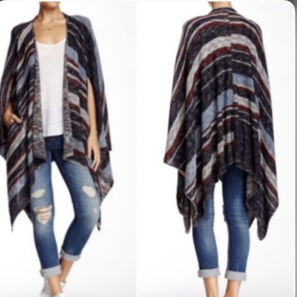 Free People Big Trail Poncho Cardigan Sweater Linen Blend Blue/Red/Gray XS - Picture 6 of 14